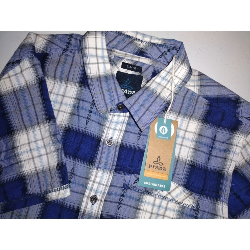 Prana Plaid Short Sleeve Button Up Sustainable Shirt Slim Fit Large